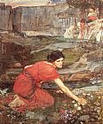 John William Waterhouse Canvas Paintings - Maidens picking Flowers by a Stream Study